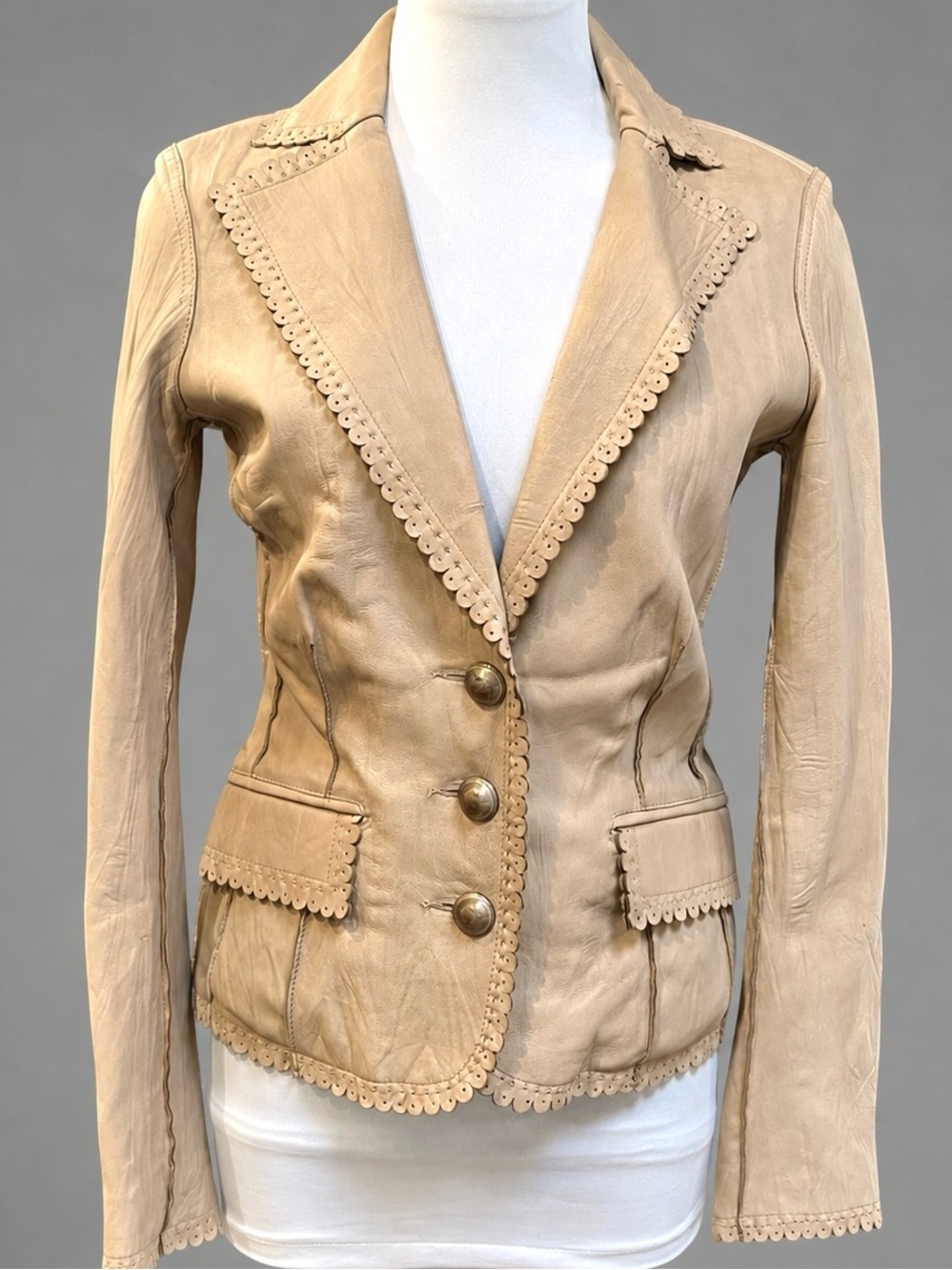 CACHE CAMEL TEXTURED WESTERN LAMB LEATHER JACKET